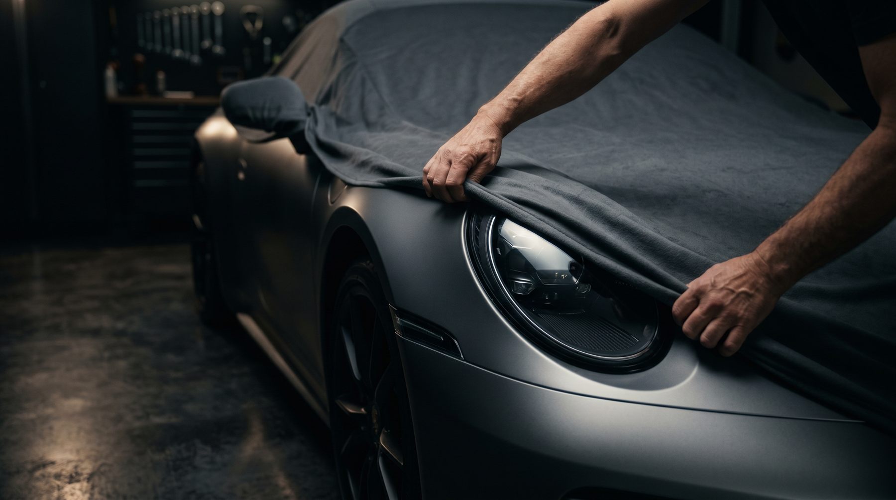 A specialist's hands carefully draping a soft cover over the headlight of a matte European sports car.