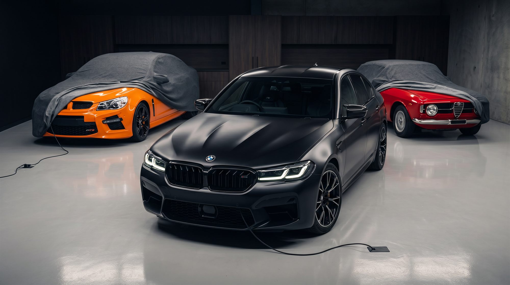 A matte-black BMW M5 on a trickle charger in a clean, low-lit storage space, flanked by two covered cars under complimentary covers.